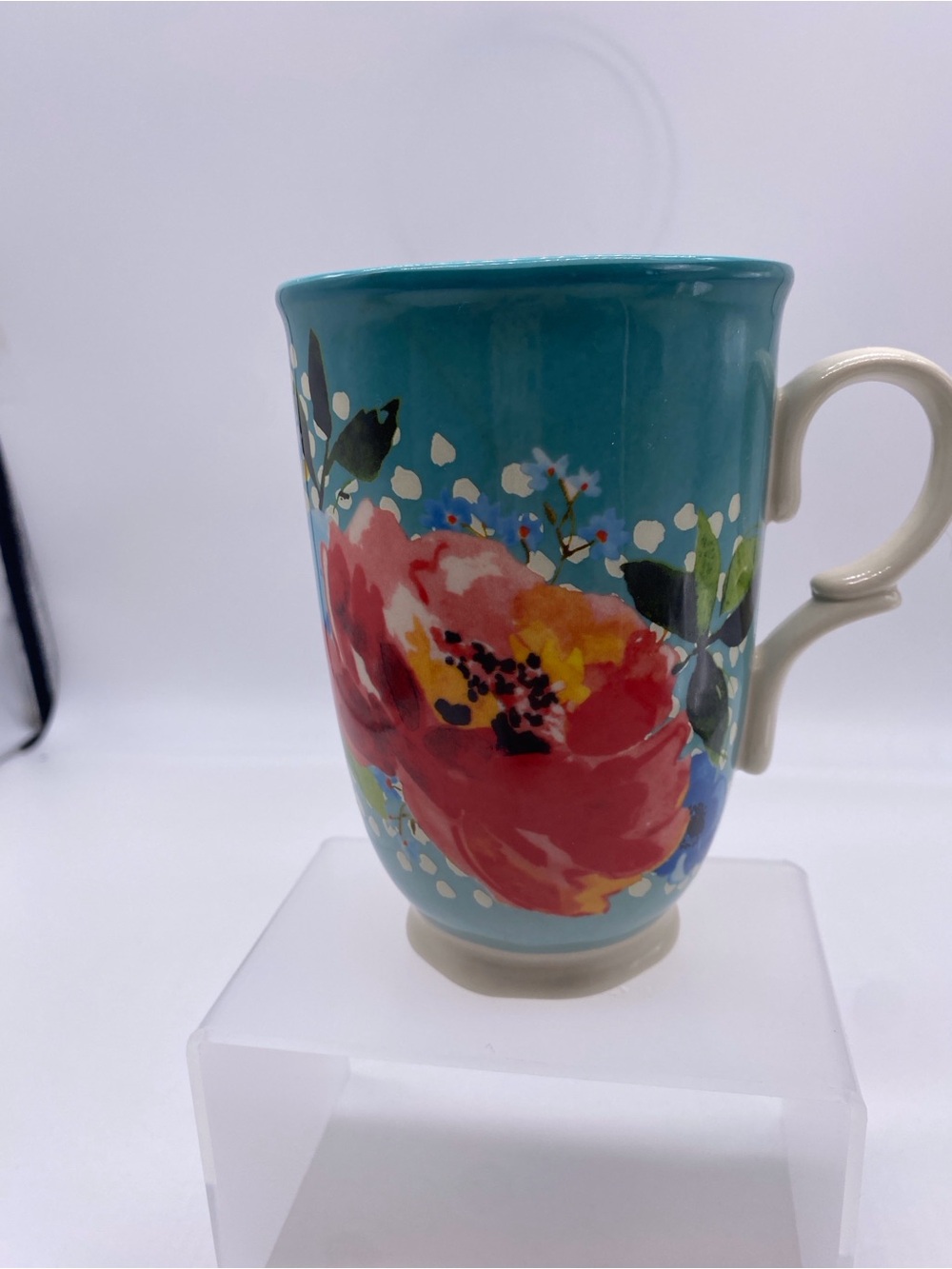 The Pioneer Woman Teal Ceramic Mug with Red Floral Design